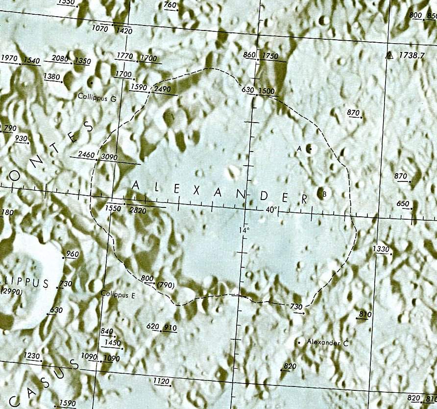 Historischer Kartenauschnitt mit Höhenangaben des Lunar and Planetary Institute