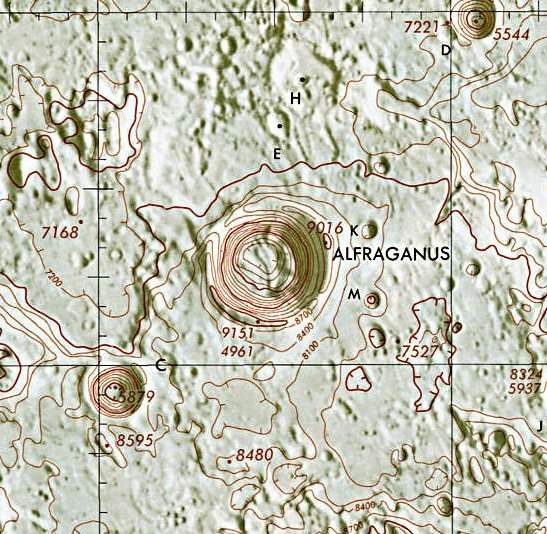 Historischer Kartenauschnitt mit Höhenangaben des Lunar and Planetary Institute