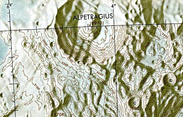 Historischer Kartenauschnitt mit Höhenangaben des Lunar and Planetary Institute