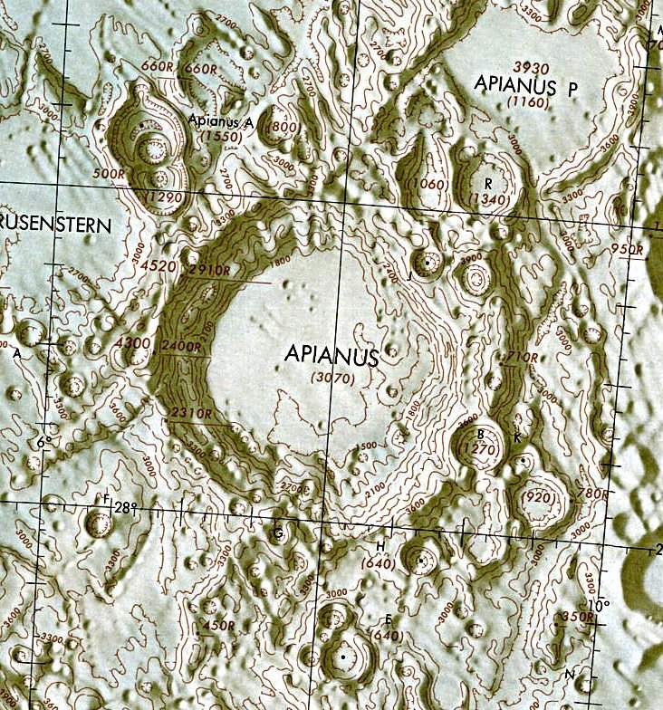 Historischer Kartenauschnitt mit Höhenangaben des Lunar and Planetary Institute