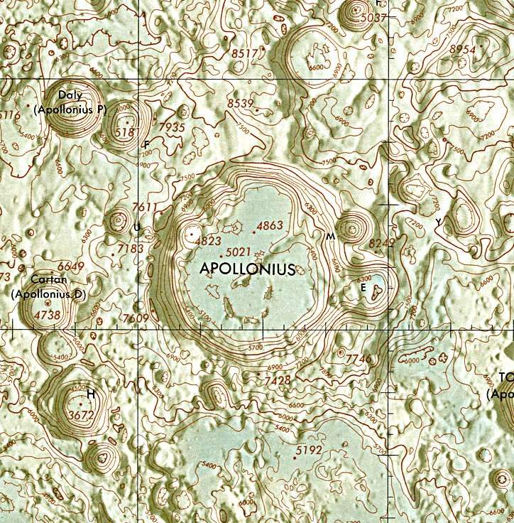 Historischer Kartenauschnitt mit Höhenangaben des Lunar and Planetary Institute