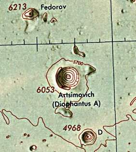 Historischer Kartenauschnitt mit Höhenangaben des Lunar and Planetary Institute