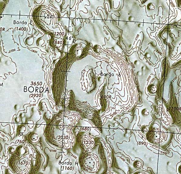 Historischer Kartenauschnitt mit Höhenangaben des Lunar and Planetary Institute