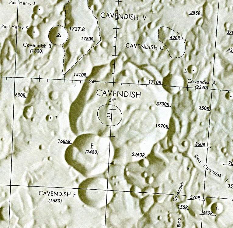 Historischer Kartenauschnitt mit Höhenangaben des Lunar and Planetary Institute