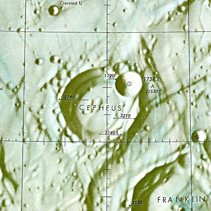 Historischer Kartenauschnitt mit Höhenangaben des Lunar and Planetary Institute