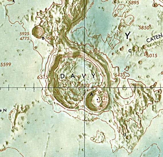 Historischer Kartenauschnitt mit Höhenangaben des Lunar and Planetary Institute