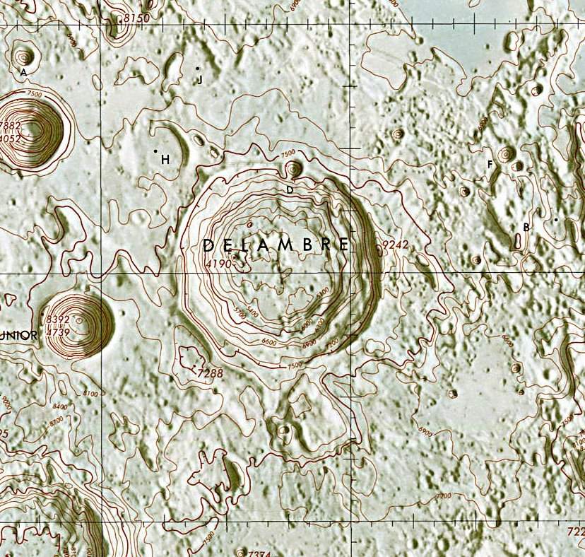 Historischer Kartenauschnitt mit Höhenangaben des Lunar and Planetary Institute