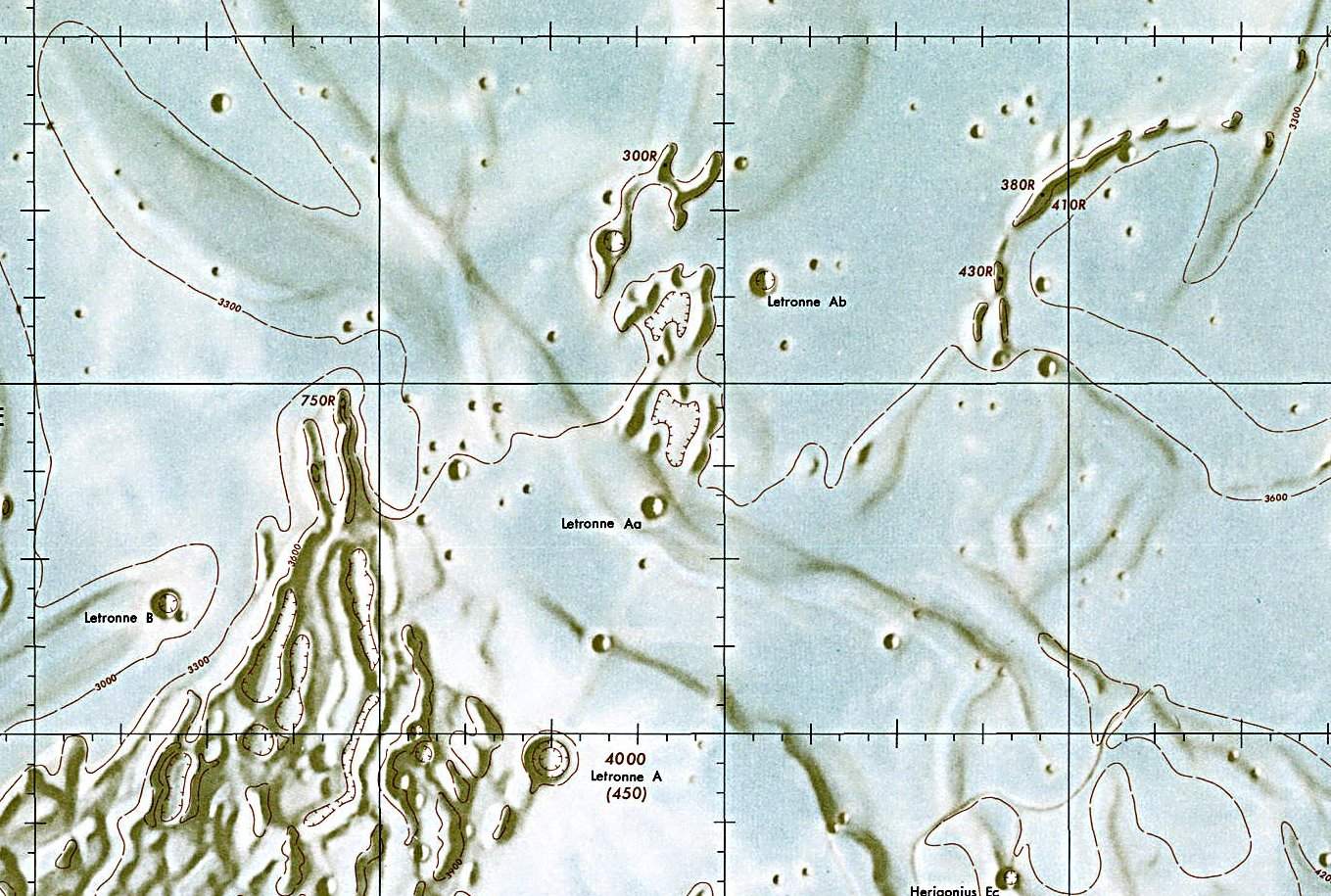 Historischer Kartenauschnitt mit Höhenangaben des Lunar and Planetary Institute