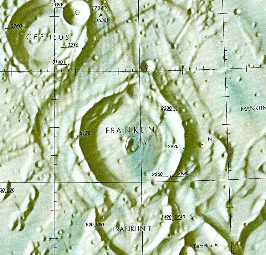 Historischer Kartenauschnitt mit Höhenangaben des Lunar and Planetary Institute