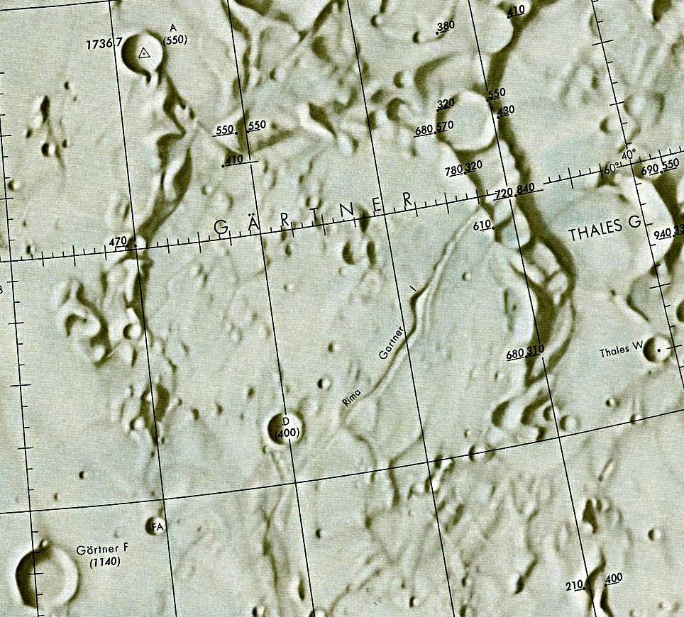 Historischer Kartenauschnitt mit Höhenangaben des Lunar and Planetary Institute