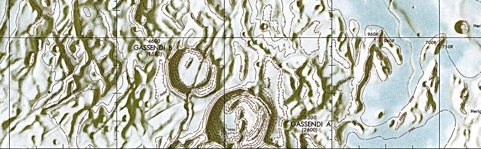 Historischer Kartenauschnitt mit Höhenangaben des Lunar and Planetary Institute