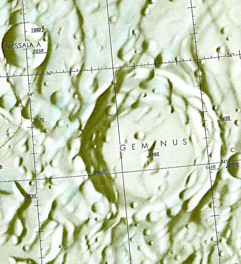 Historischer Kartenauschnitt mit Höhenangaben des Lunar and Planetary Institute