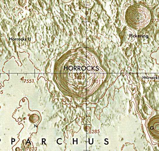 Historischer Kartenauschnitt mit Höhenangaben des Lunar and Planetary Institute