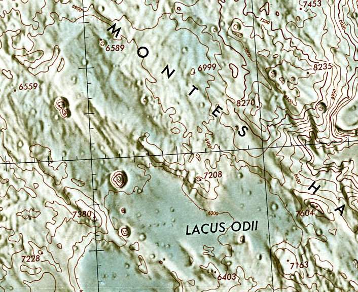 Historischer Kartenauschnitt mit Höhenangaben des Lunar and Planetary Institute
