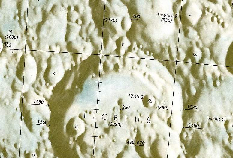 Historischer Kartenauschnitt mit Höhenangaben des Lunar and Planetary Institute