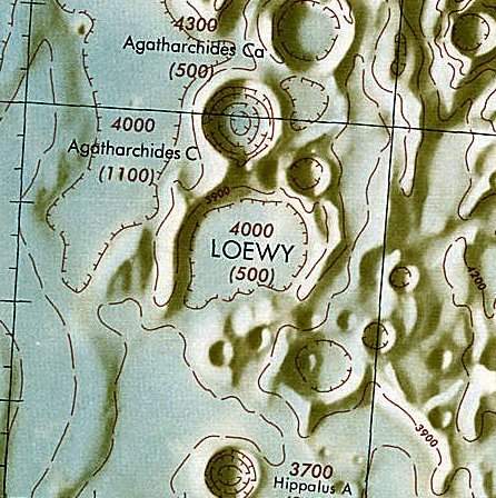 Historischer Kartenauschnitt mit Höhenangaben des Lunar and Planetary Institute