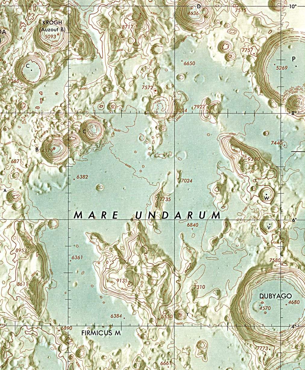 Historischer Kartenauschnitt mit Höhenangaben des Lunar and Planetary Institute