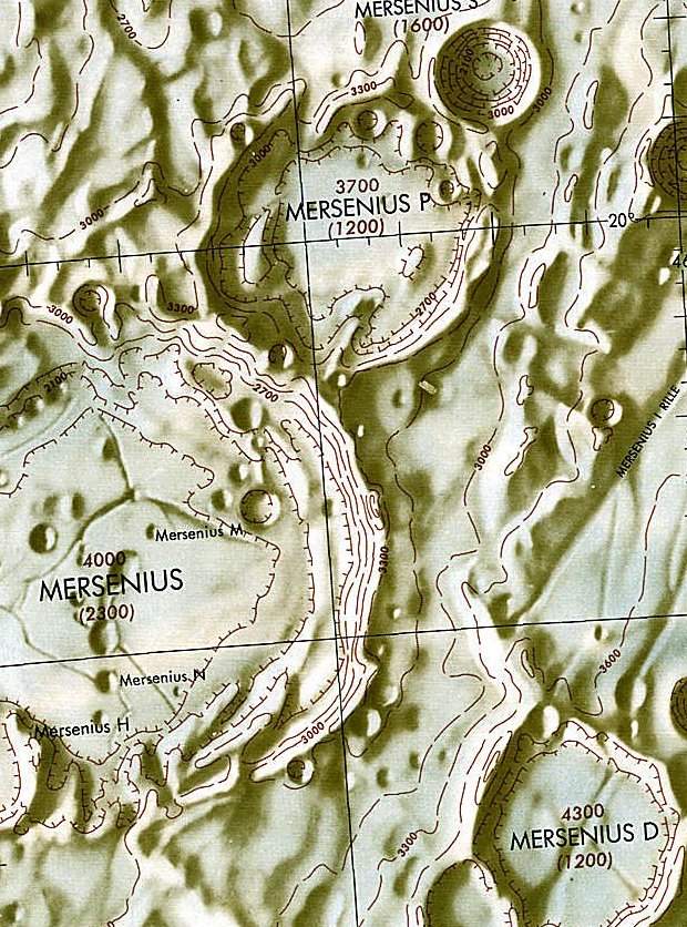 Historischer Kartenauschnitt mit Höhenangaben des Lunar and Planetary Institute