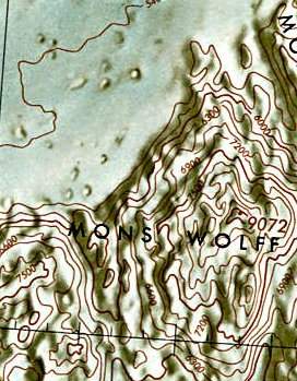 Historischer Kartenauschnitt mit Höhenangaben des Lunar and Planetary Institute