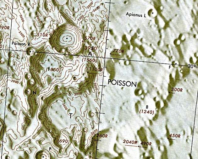 Historischer Kartenauschnitt mit Höhenangaben des Lunar and Planetary Institute
