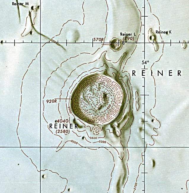 Historischer Kartenauschnitt mit Höhenangaben des Lunar and Planetary Institute