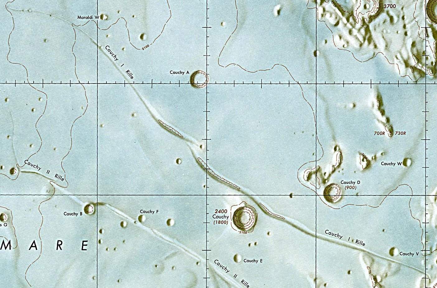 Historischer Kartenauschnitt mit Höhenangaben des Lunar and Planetary Institute