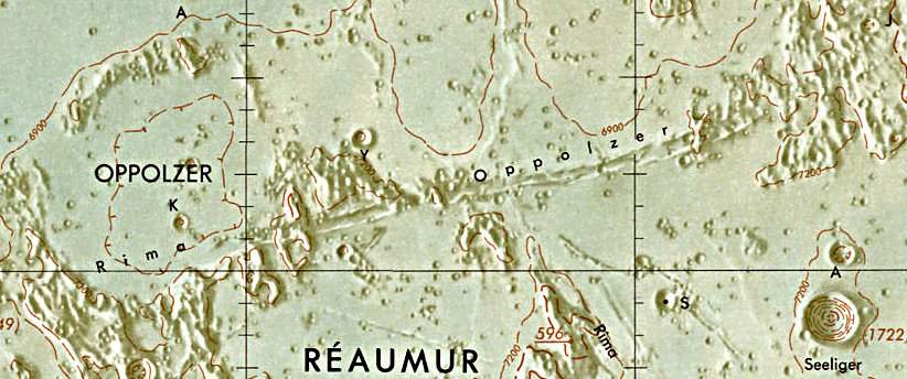 Historischer Kartenauschnitt mit Höhenangaben des Lunar and Planetary Institute