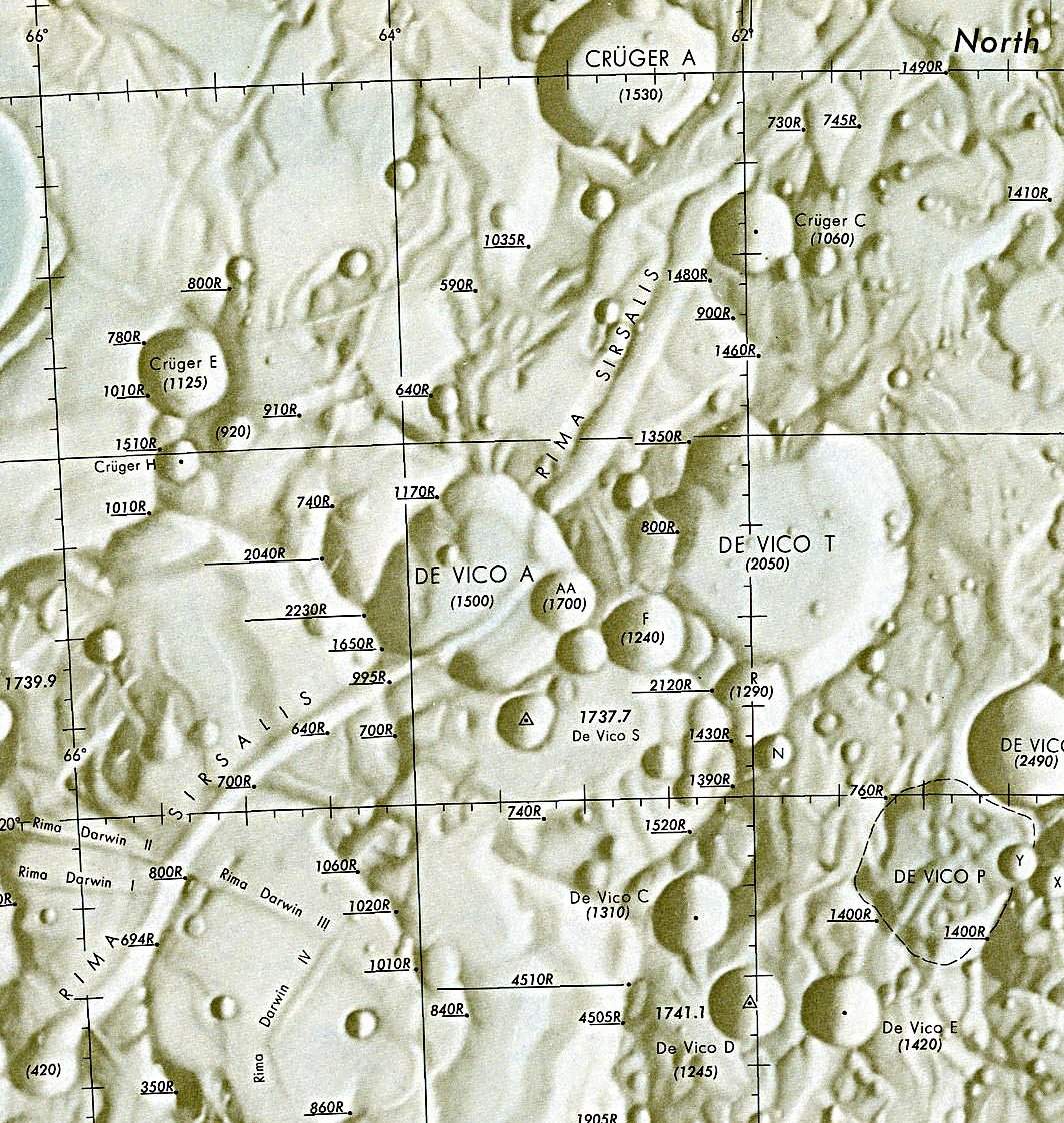 Historischer Kartenauschnitt mit Höhenangaben des Lunar and Planetary Institute