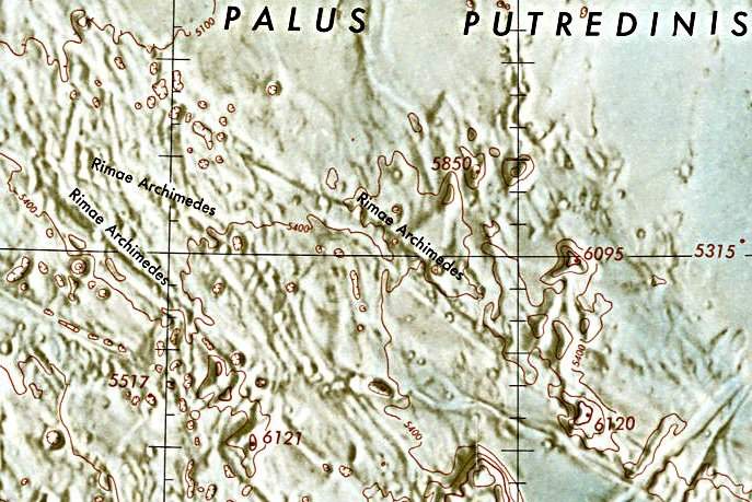 Historischer Kartenauschnitt mit Höhenangaben des Lunar and Planetary Institute