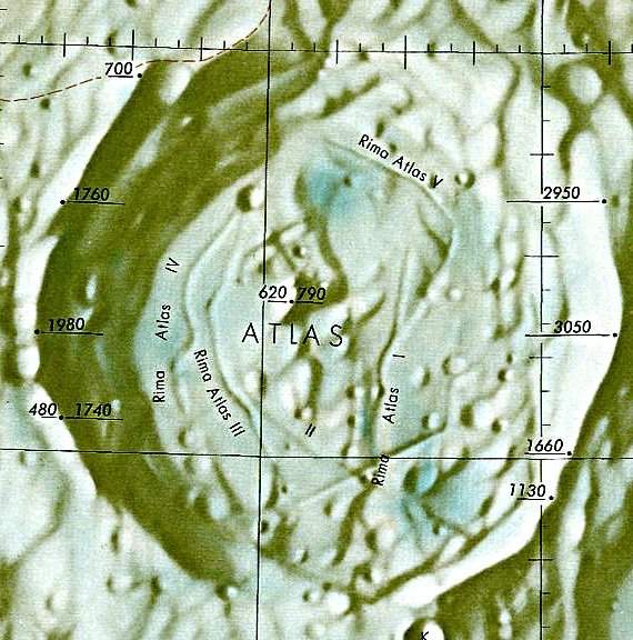 Historischer Kartenauschnitt mit Höhenangaben des Lunar and Planetary Institute