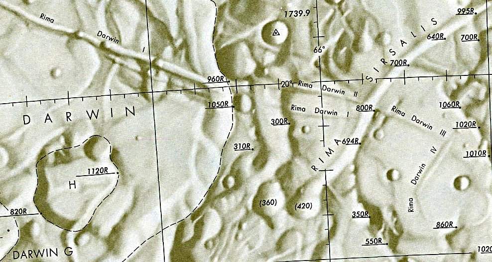 Historischer Kartenauschnitt mit Höhenangaben des Lunar and Planetary Institute