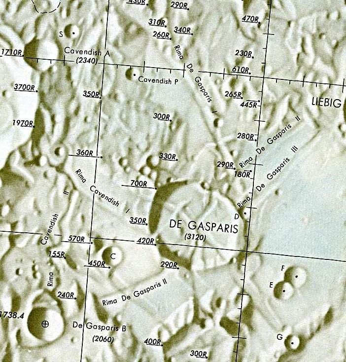 Historischer Kartenauschnitt mit Höhenangaben des Lunar and Planetary Institute