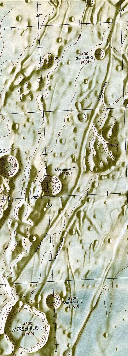 Historischer Kartenauschnitt mit Höhenangaben des Lunar and Planetary Institute