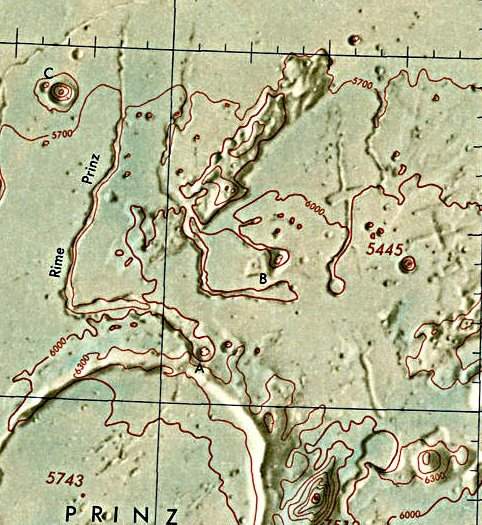 Historischer Kartenauschnitt mit Höhenangaben des Lunar and Planetary Institute