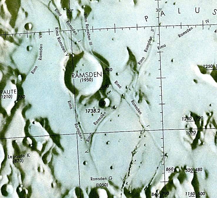 Historischer Kartenauschnitt mit Höhenangaben des Lunar and Planetary Institute
