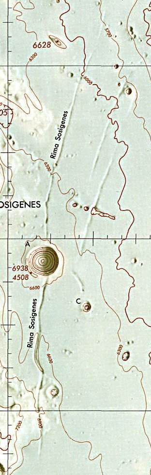 Historischer Kartenauschnitt mit Höhenangaben des Lunar and Planetary Institute