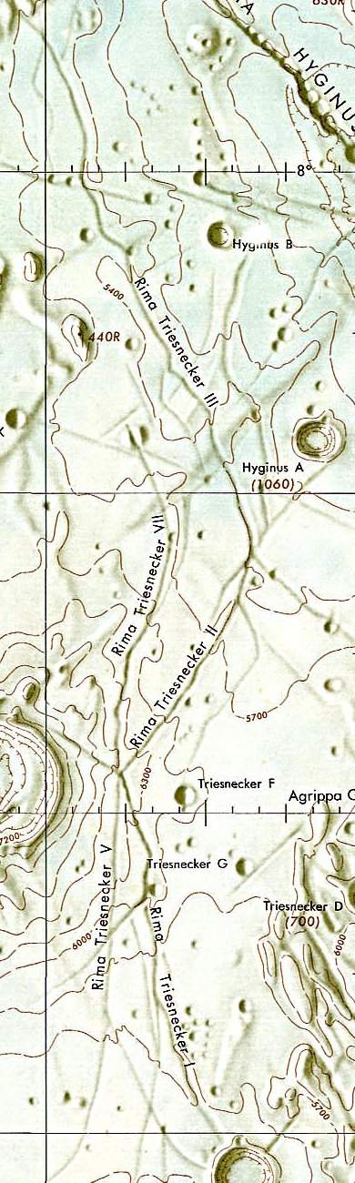 Historischer Kartenauschnitt mit Höhenangaben des Lunar and Planetary Institute