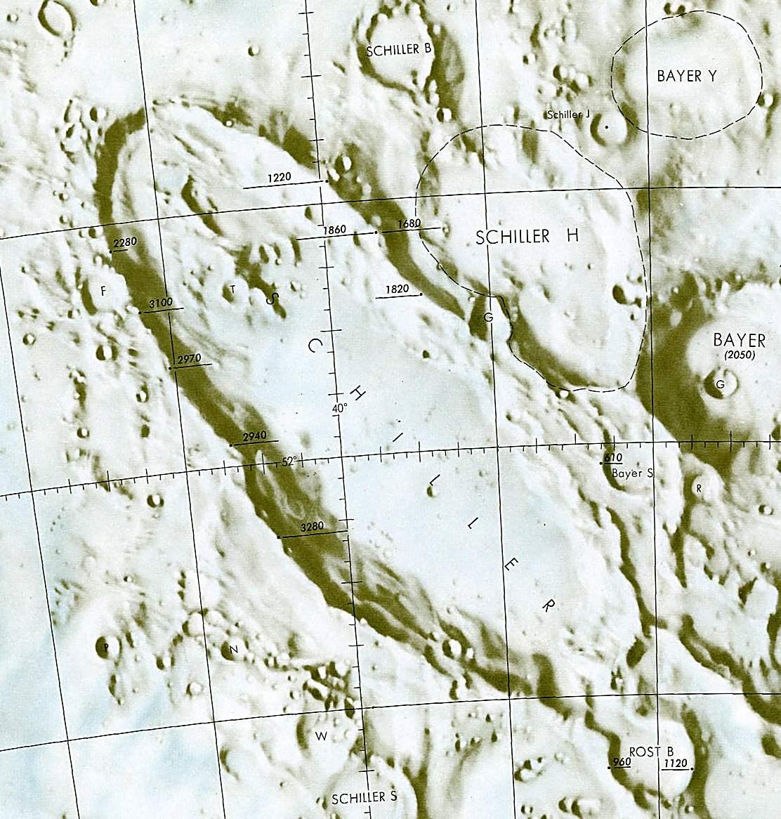 Historischer Kartenauschnitt mit Höhenangaben des Lunar and Planetary Institute