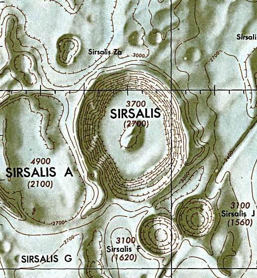 Historischer Kartenauschnitt mit Höhenangaben des Lunar and Planetary Institute