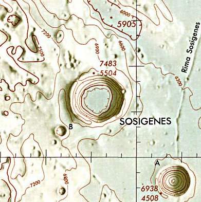 Historischer Kartenauschnitt mit Höhenangaben des Lunar and Planetary Institute