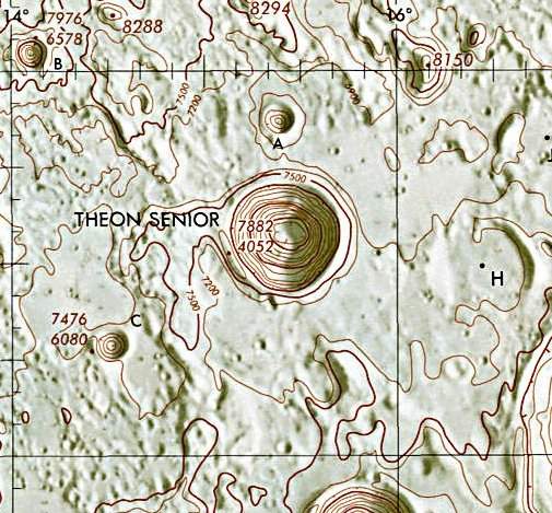 Historischer Kartenauschnitt mit Höhenangaben des Lunar and Planetary Institute