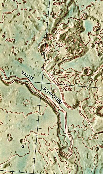 Historischer Kartenauschnitt mit Höhenangaben des Lunar and Planetary Institute
