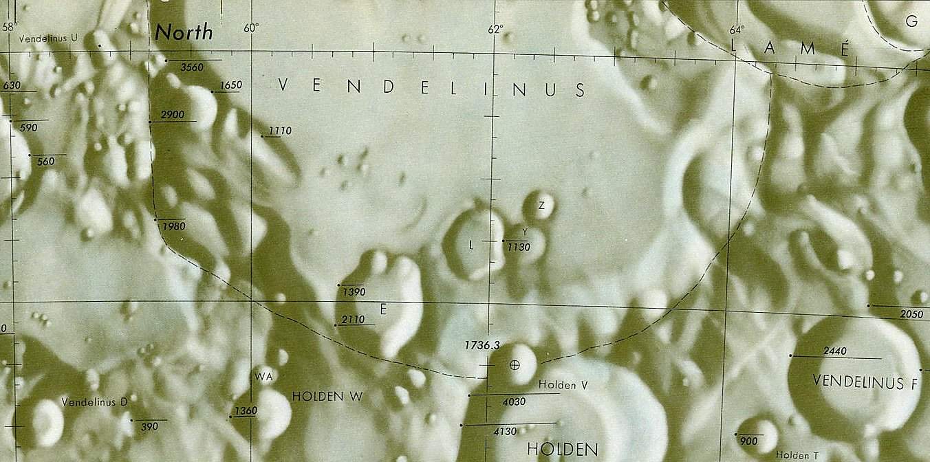 Historischer Kartenauschnitt mit Höhenangaben des Lunar and Planetary Institute
