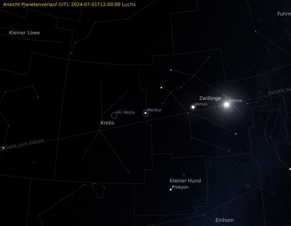 Sternkarte mit der Position von Merkur am Sternenhimmel