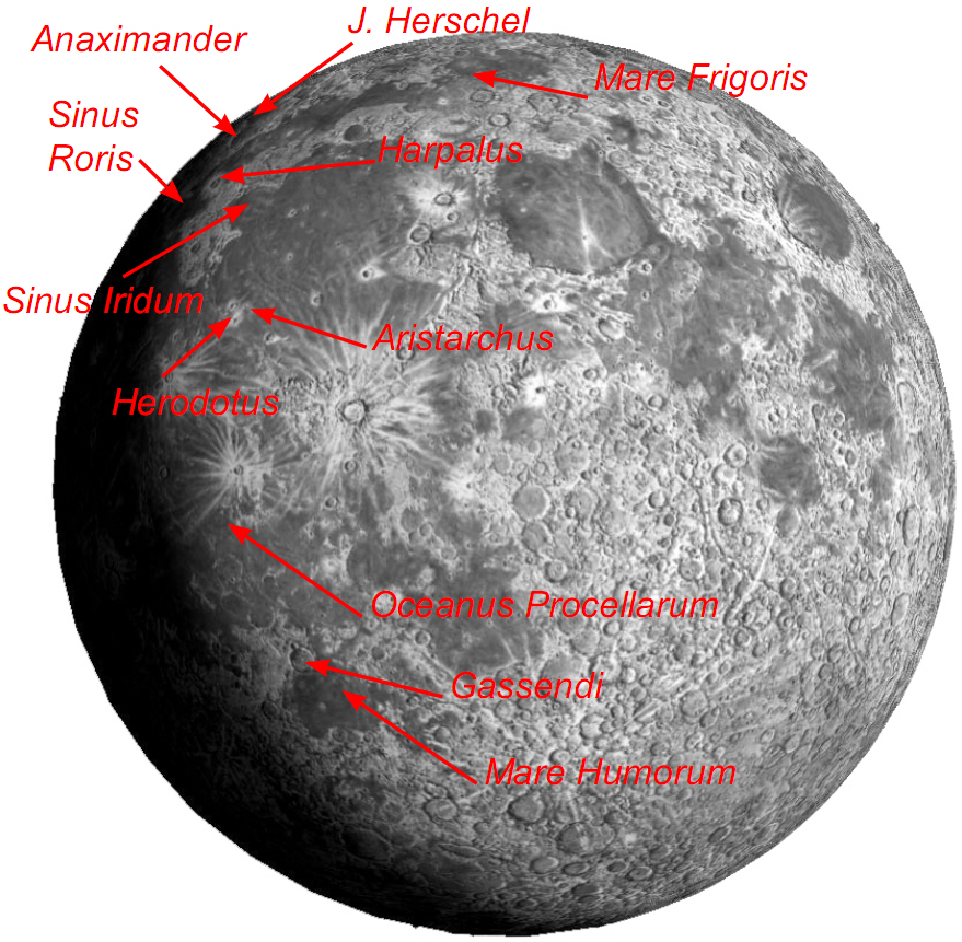 Ansicht des Mondes am 11. Tag mit den sichtbaren Mondformationen