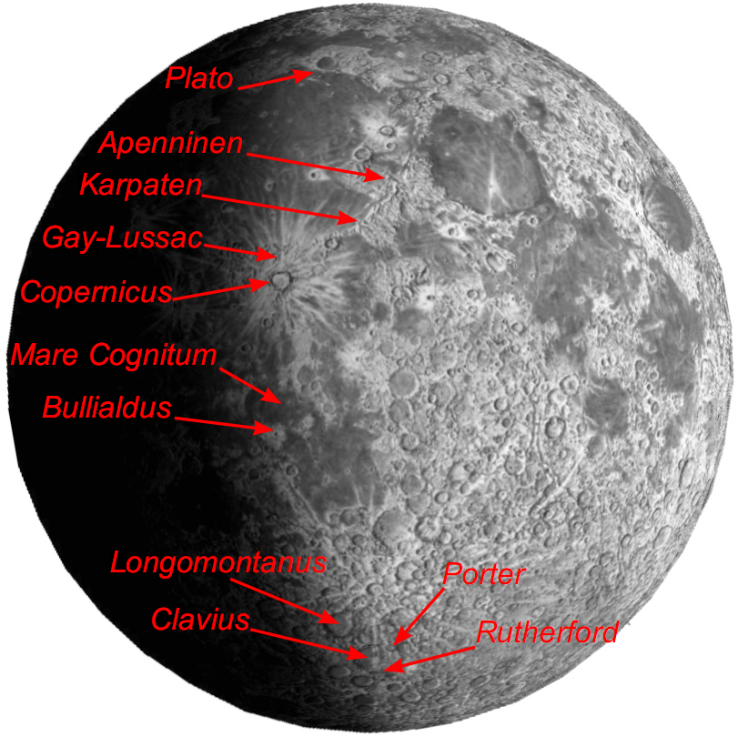 Ansicht des Mondes am 9. Tag mit den sichtbaren Mondformationen